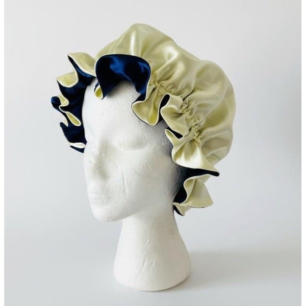Reversible Satin Sleep Bonnet Hat – Navy & Yellow – Extra Large, Elastic Fit - Picture 4 of 16